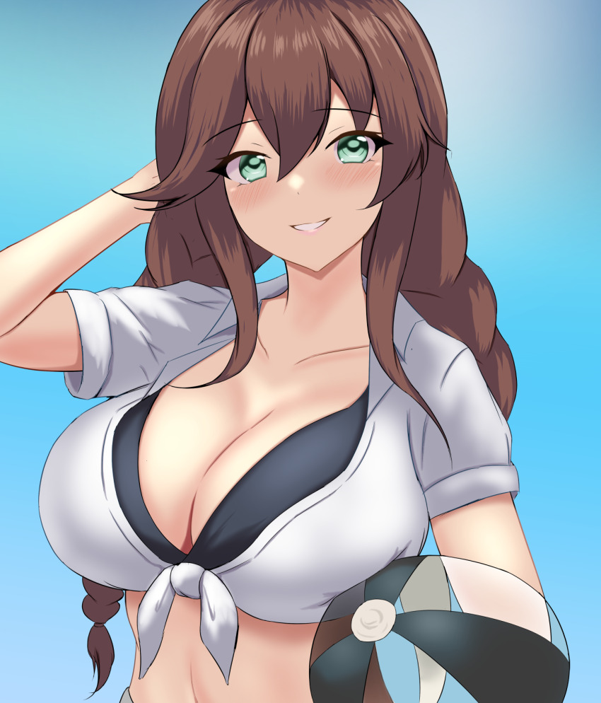 1girl ball beachball bikini black_bikini blue_background braid breasts brown_hair cleavage collarbone collared_shirt green_eyes grin hair_between_eyes highres holding holding_ball holding_beachball kantai_collection large_breasts long_hair looking_at_viewer montemasa navel noshiro_(kancolle) noshiro_(swimsuit)_(kancolle) shirt short_sleeves sidelocks smile solo swimsuit tied_shirt upper_body white_shirt