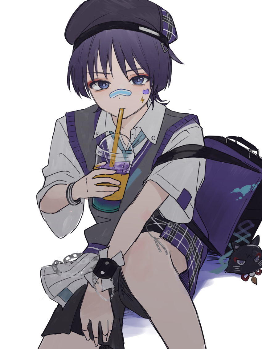 1boy absurdres alternate_costume aqua_necktie arm_on_knee backpack bag bandaid bandaid_on_face bandaid_on_nose beret black_hat black_shorts blunt_ends bright_pupils chain coffee collared_shirt cup disposable_cup drinking drinking_straw eyeliner eyeshadow genshin_impact grey_vest hat highres holding holding_cup iced_coffee looking_at_viewer makeup male_focus necktie official_alternate_costume parted_bangs plaid_clothes plaid_hat plaid_shorts purple_eyes purple_hair red_eyeliner red_eyeshadow scaramouche_(cat)_(genshin_impact) scaramouche_(genshin_impact) shirt short_sleeves shorts sitting solo sticker_on_face stuffed_toy sweater_vest towel vest wanderer_(genshin_impact) wanderer_(mega_mgc_coffee)_(genshin_impact) white_background white_pupils white_shirt white_sleeves white_trim wrist_chain wrist_cuffs wristband yamabuki_(yamabuki_xxxxx)