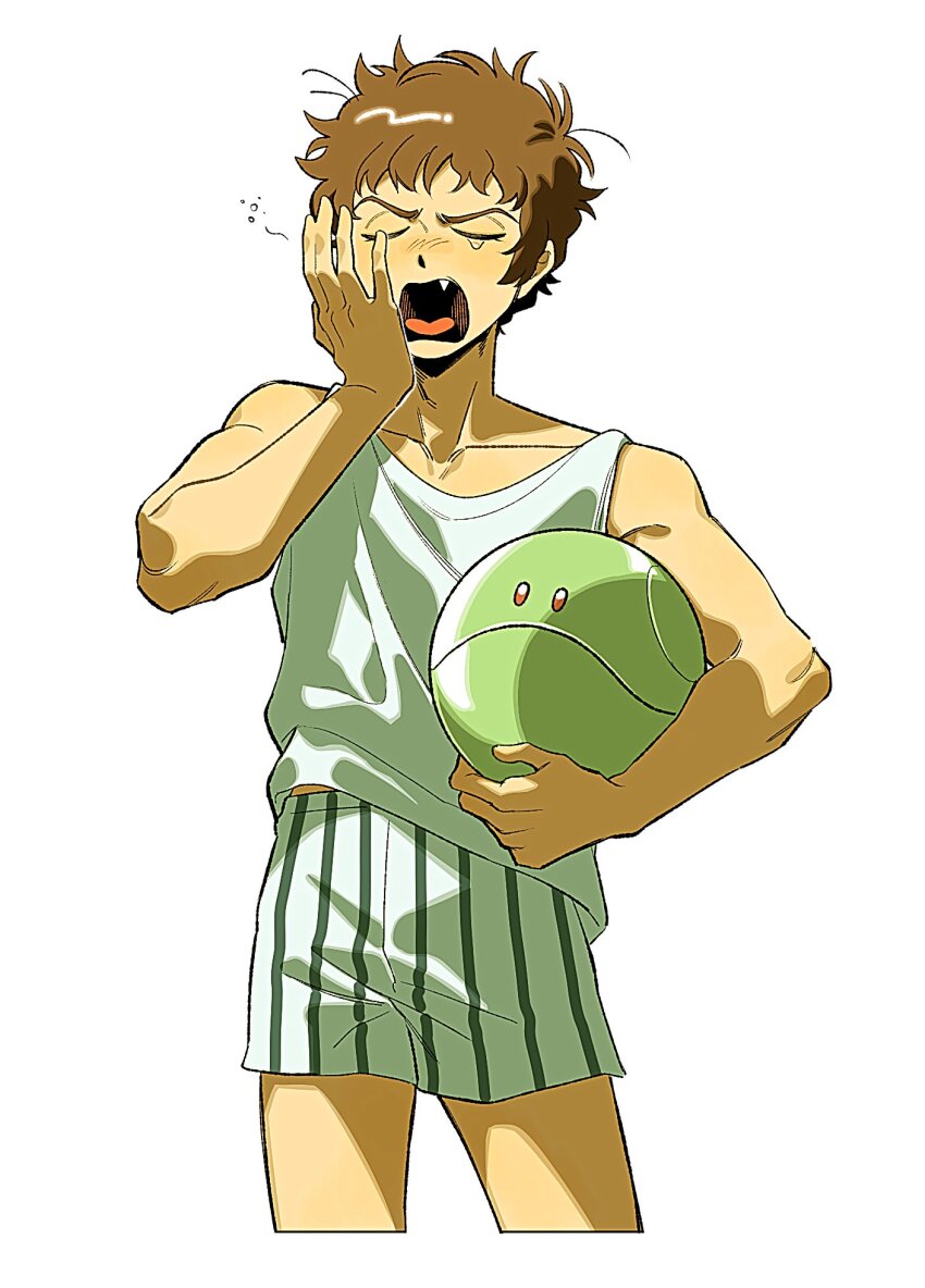 1boy amuro_ray arm_up bare_shoulders brown_hair collarbone commentary cropped_legs fang gundam haro highres holding kamonekm male_focus messy_hair mobile_suit_gundam open_mouth robot short_hair simple_background solo squeans striped_clothes striped_underwear symbol-only_commentary tank_top tongue vertical-striped_clothes white_background white_tank_top yawning