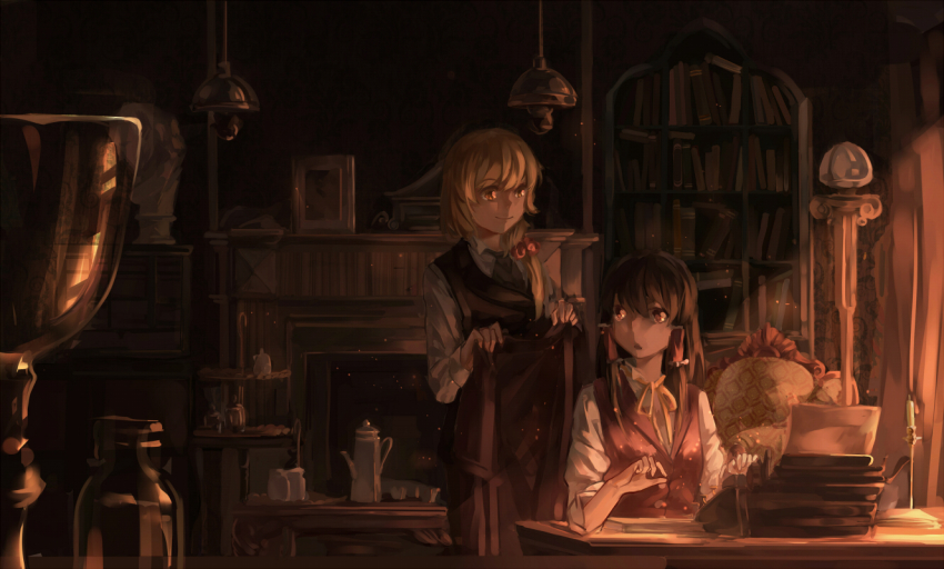 2girls alternate_costume black_dress blonde_hair book bookshelf braid brown_eyes brown_hair coat cup desk dress fireplace hair_tubes hakurei_reimu john_hamish_watson kirisame_marisa lamp looking_back multiple_girls norizc open_mouth red_dress sherlock_holmes shirt single_braid sitting slice_of_life smile teacup teapot the_adventures_of_sherlock_holmes touhou typewriter victorian yellow_eyes