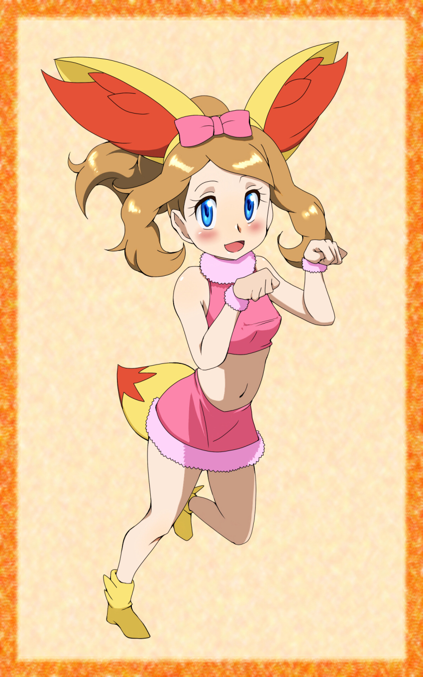 1girl alternate_costume blue_eyes brown_hair cosplay creatures_(company) female_focus fennekin fennekin_(cosplay) game_freak gen_6_pokemon hamu_(sanosano) highres long_hair nintendo pokemon pokemon_(anime) pokemon_xy_(anime) serena_(pokemon) solo striped_background