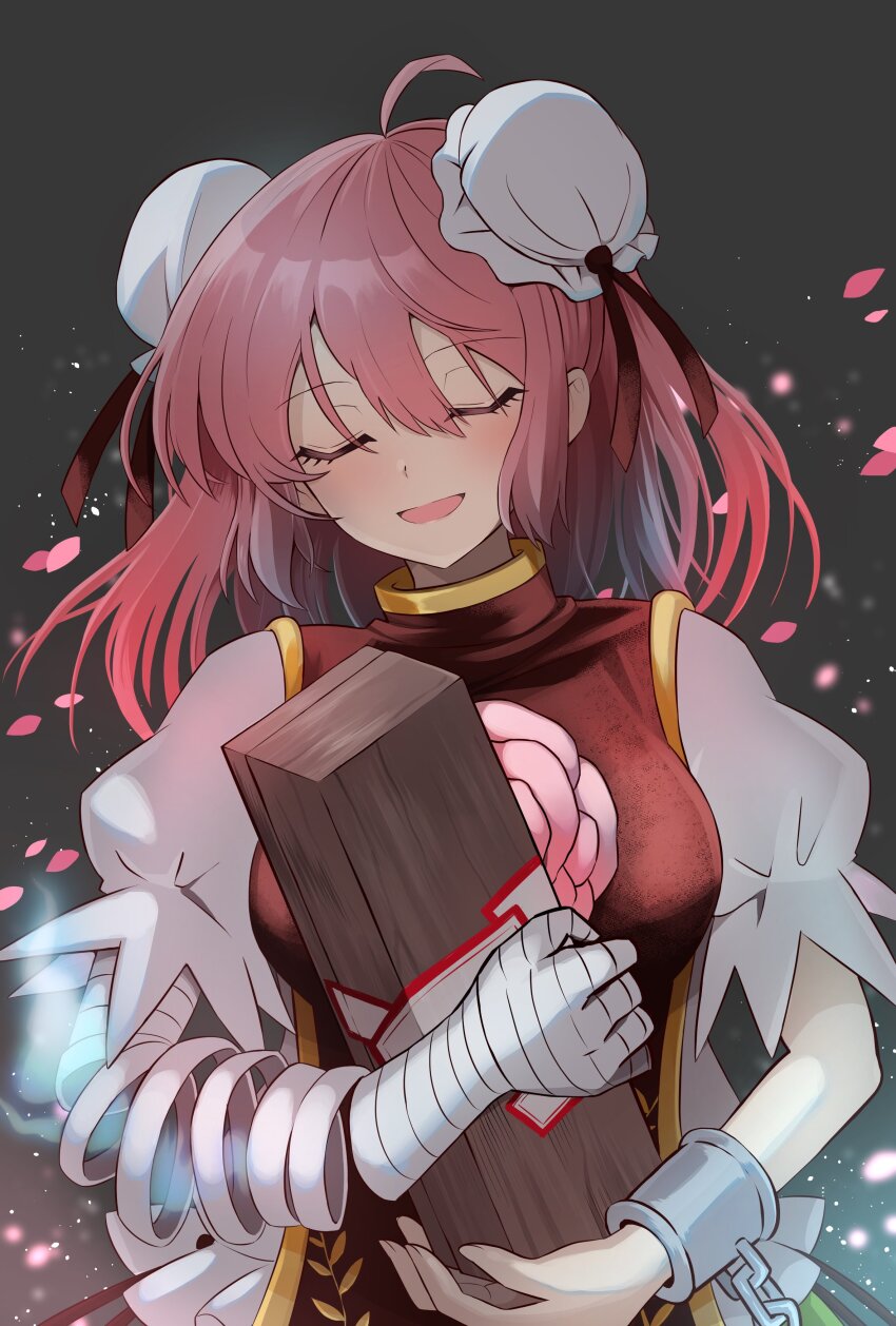 1girl absurdres bandaged_arm bandages box bun_cover chinese_clothes closed_eyes commentary_request cuffs double_bun elaphe_guttata6 falling_petals false_arm false_limb flower hair_bun highres holding holding_box ibaraki_kasen light_blush long_hair open_mouth petals pink_flower pink_hair pink_rose rose shackles smile solo talisman touhou wild_and_horned_hermit