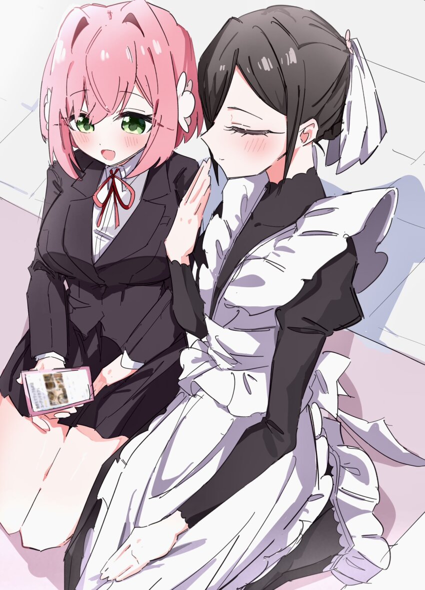 blush closed_eyes green_eyes hanazono_hakari highres holding holding_phone kimi_no_koto_ga_dai_dai_dai_dai_daisuki_na_100-nin_no_kanojo light_smile maid meido_mei mi_ga phone pink_hair school_uniform sitting