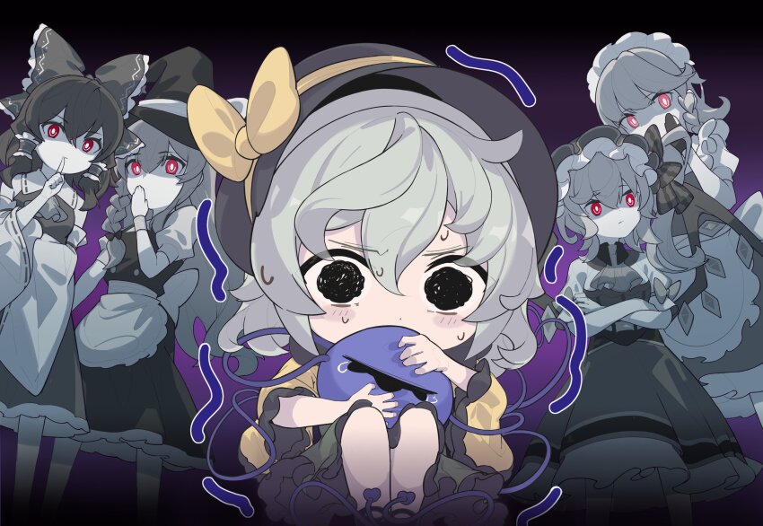 5girls absurdres apron ascot back_bow black_hat bow braid commentary_request covering_own_mouth crossed_arms crystal detached_sleeves devilkillerx eyeball flandre_scarlet frilled_bow frilled_hair_tubes frilled_sleeves frills green_hair green_skirt hair_bow hair_tubes hakurei_reimu hand_over_own_mouth hat hat_bow heart highres izayoi_sakuya kirisame_marisa komeiji_koishi long_hair maid maid_headdress multiple_girls one_side_up red_eyes ribbon-trimmed_sleeves ribbon_trim shirt side_braid side_ponytail single_braid skirt sweat tears third_eye touhou touhou_lost_branch_of_legend wide_sleeves wings witch_hat yellow_bow yellow_shirt