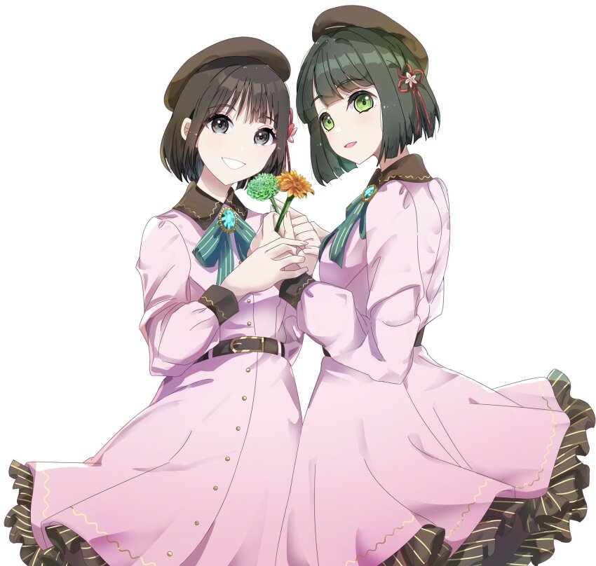2girls 4th_live_dream_~bloom_the_dream_believers~ animification beret black_hair blunt_bangs blunt_ends bob_cut breasts brown_hat collared_dress commentary contrast_collar cowboy_shot dahlia dream_believers dress flower flower_knot flower_stand_art frilled_dress frills gerbera green_eyes green_flower green_hair grey_eyes grin hair_ribbon hat highres holding holding_flower link!_like!_love_live! long_sleeves looking_at_viewer love_live! medium_breasts momose_ginko multiple_girls official_alternate_costume open_mouth orange_flower pink_dress pink_flower real_life ribbon sakari_(pear_8_ll) sakurai_hina short_hair simple_background smile standing virtual_youtuber voice_actor voice_actor_connection white_background