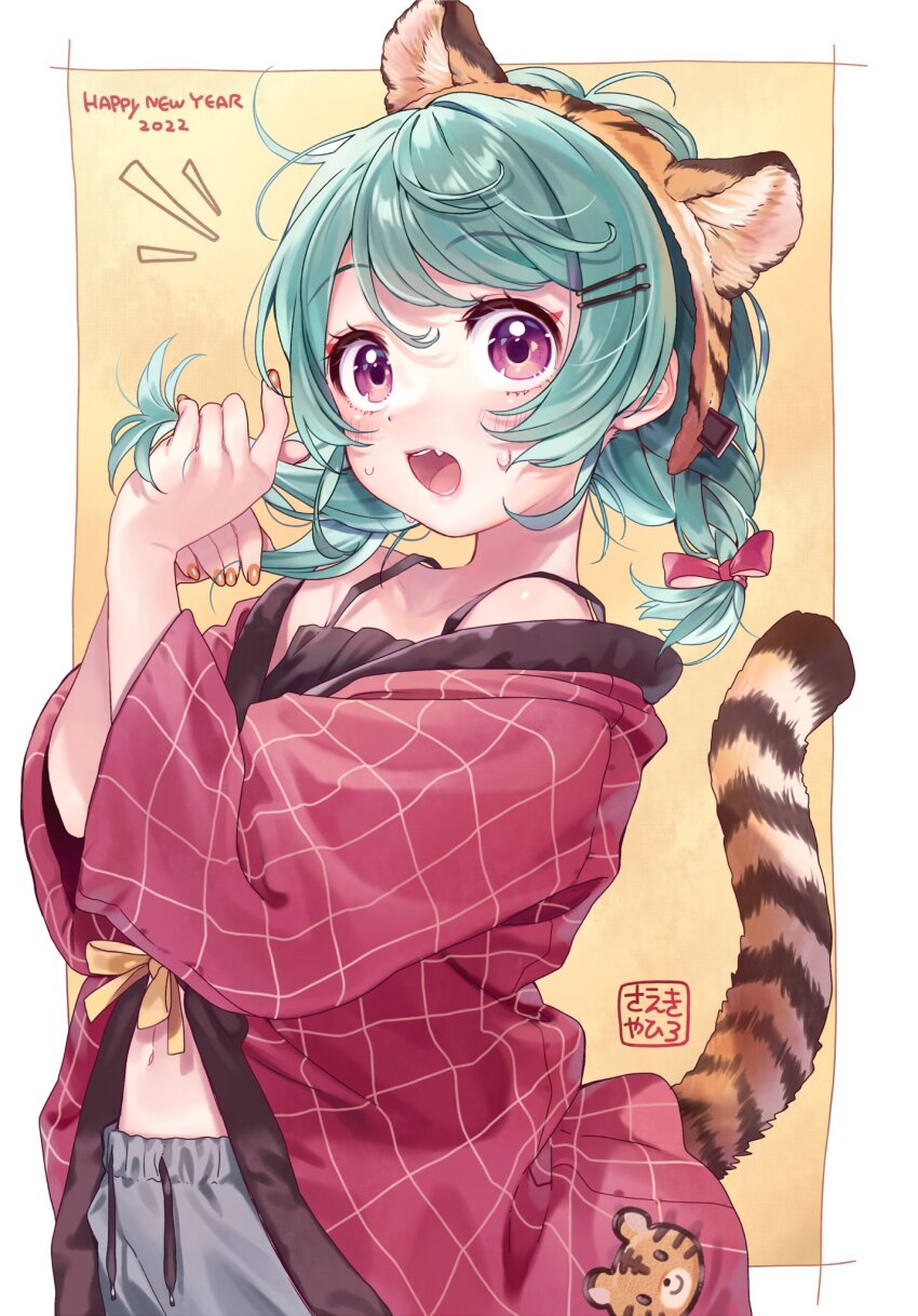 1girl 2022 animal_ears black_camisole bow camisole drawstring fake_animal_ears green_hair grey_pants hair_bow hair_ribbon hairband hands_up happy_new_year highres indie_virtual_youtuber jacket looking_at_viewer medium_hair navel new_year open_clothes open_jacket open_mouth orange_nails pants pink_bow purple_eyes red_jacket ribbon saeki_yahiro saekiyahiro solo sweatdrop tail tiger_ears tiger_tail upper_body virtual_youtuber