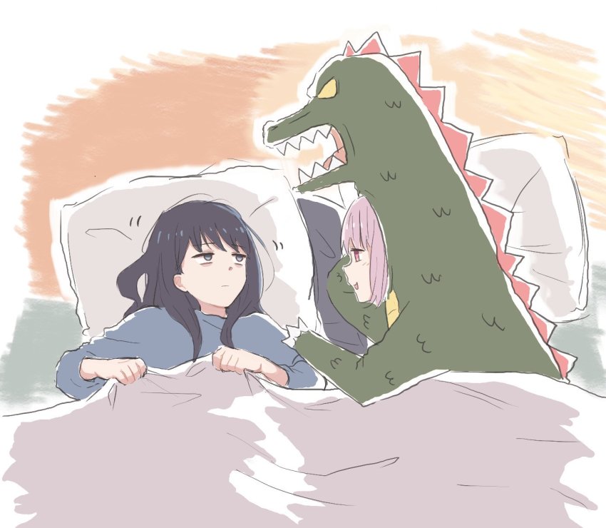 2girls animal_costume bags_under_eyes bed black_eyes black_hair commentary english_commentary gridman_universe highres kaiju light_purple_hair long_hair looking_at_another lyy multiple_girls pillow shinjou_akane short_hair sketch sleepy ssss.gridman takarada_rikka under_covers waking_up