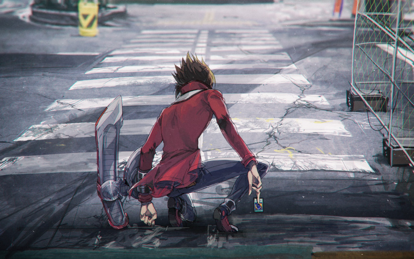 1boy brown_hair card chain-link_fence cinder_block clenched_hand concrete crack crosswalk dappled_sunlight duel_disk facing_away fence grey_pants holding holding_card jacket kneeling male_focus moribuden outdoors pants photo_background red_footwear red_jacket road road_sign sign sunlight traffic_barrier yu-gi-oh! yu-gi-oh!_gx yuki_judai