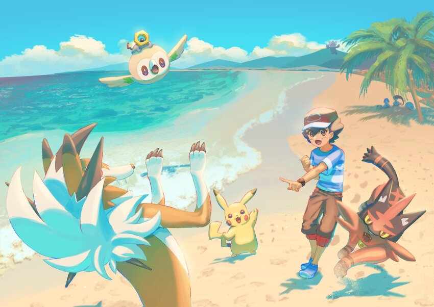 1girl 2boys :d ash_ketchum bewear blue_footwear blue_shirt brown_eyes brown_pants capri_pants cloud commentary_request day gen_1_pokemon gen_2_pokemon gen_6_pokemon gen_7_pokemon hat highres james_(pokemon) jessie_(pokemon) litleo lycanroc lycanroc_(dusk) meltan meowth mokukitusui multiple_boys mythical_pokemon nintendo open_mouth outdoors pants pikachu pointing pokemon pokemon_(anime) pokemon_(creature) pokemon_sm_(anime) red_headwear rowlet sand shirt shoes shore short_hair short_sleeves sky smile striped_clothes striped_shirt t-shirt team_rocket water wobbuffet
