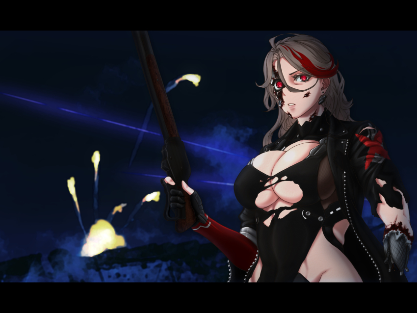 1girl android artificial_eye blonde_hair breasts damaged energy energy_beam energy_bolt explosion girls&#039;_frontline gun highres holding holding_gun holding_weapon large_breasts letterboxed lever-action_shotgun lever_action m1887_(girls&#039;_frontline) mechanical_eye mechabare multicolored_hair outdoors plasma plasma_bolt plasmoid red_eyes red_hair rob_110101101 shotgun smoke solo streaked_hair terminator_(series) terminator_2:_judgment_day weapon winchester_model_1887