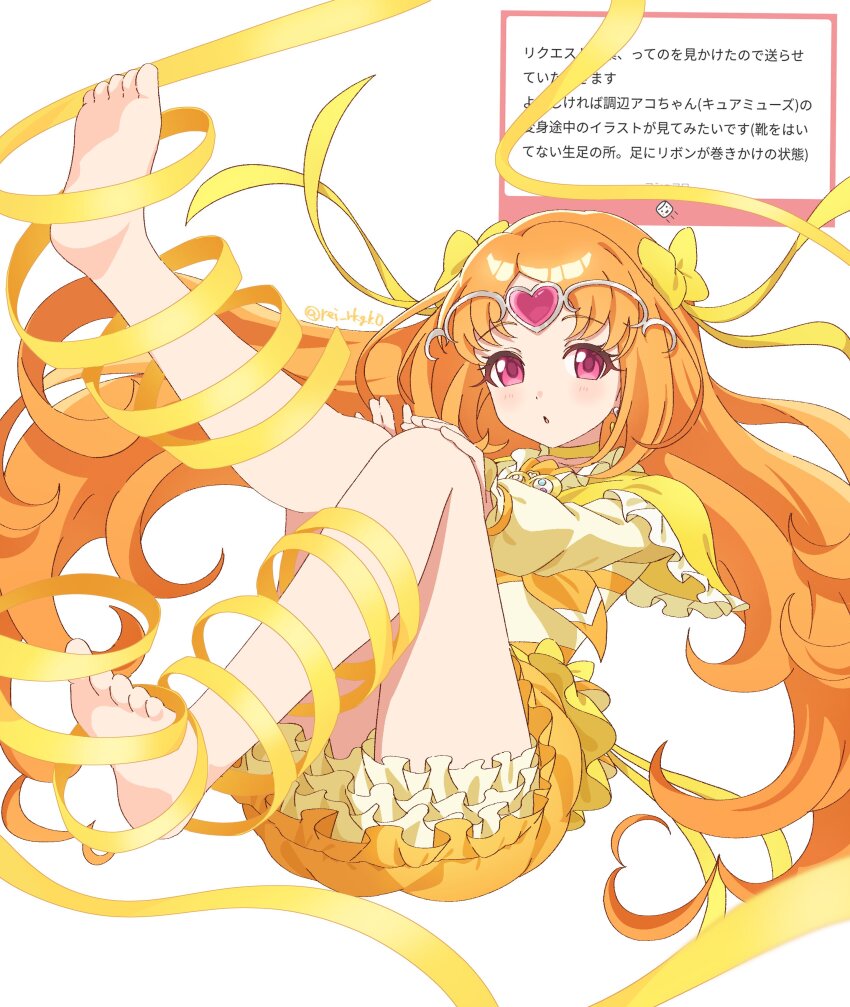 1girl absurdres barefoot bow bubble_skirt capelet choker cure_muse_(yellow) dress floating foot_up frilled_dress frills full_body hair_bow hands_on_own_knees highres long_hair long_sleeves looking_at_viewer magical_girl nemuiyoo00 open_mouth orange_hair pink_eyes precure puffy_long_sleeves puffy_sleeves shirabe_ako simple_background skirt solo suite_precure tiara twitter_username very_long_hair white_background yellow_bow yellow_capelet yellow_choker yellow_dress