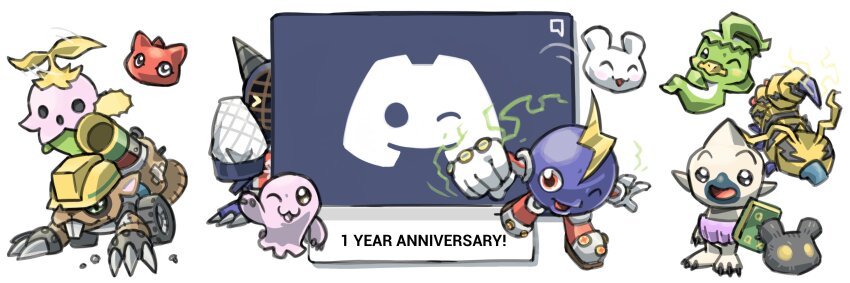 absurdres beak bokomon book botamon chapmon closed_eyes digimon digimon_(creature) highres horns junkmon kotemon kunemon lalamon looking_at_viewer mochimon one_eye_closed punimon thunderballmon wink yukimibotamon