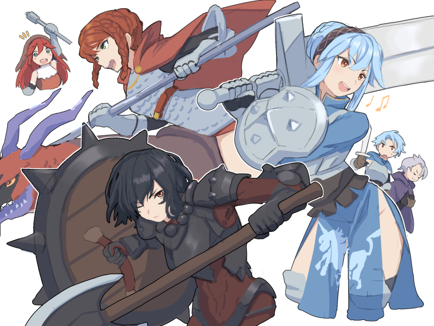 2boys 4girls alain_(unicorn_overlord) armor armored_gloves axe berengaria_(unicorn_overlord) black_hair blue_eyes blue_hair braid grey_hair highres hilda_(unicorn_overlord) holding holding_axe holding_shield holding_staff holding_sword holding_weapon medaman multiple_boys multiple_girls musical_note one_eye_closed open_mouth primm_(unicorn_overlord) red_eyes red_hair shield short_hair shoulder_armor simple_background staff sword travis_(unicorn_overlord) unicorn_overlord virginia_(unicorn_overlord) weapon white_background