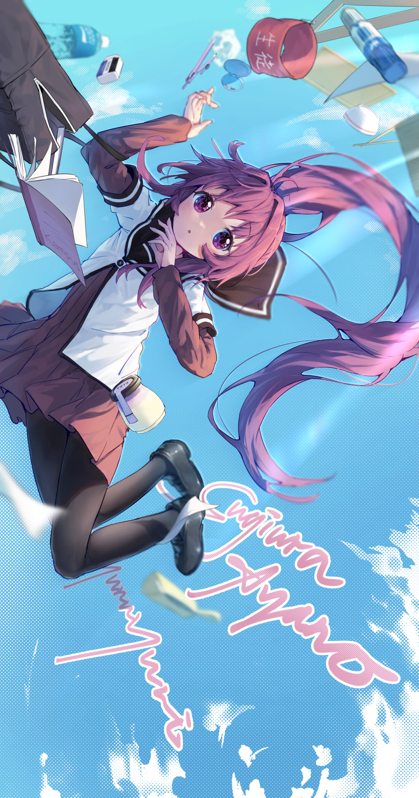 1girl absurdres ap04astral arm_up armband bag black_sailor_collar black_shoes black_thighhighs blue_sky blurry blush bottle bowl character_name chopsticks cloud commentary compact_(cosmetics) compass_(instrument) cosmetics depth_of_field dress eraser floating floating_hair floating_object food hair_intakes halftone halftone_background highres layered_sleeves legs_up lens_flare light_rays loafers long_hair long_sleeves nanamori_school_uniform notebook open_bag paper parted_lips pleated_skirt ponytail pudding purple_eyes purple_hair ramune red_armband red_dress rice_bowl sailor_collar school_uniform set_square shirt shoes short_over_long_sleeves short_sleeves skirt sky solo sugiura_ayano thighhighs unworn_armband very_long_hair water_bottle white_shirt yuruyuri