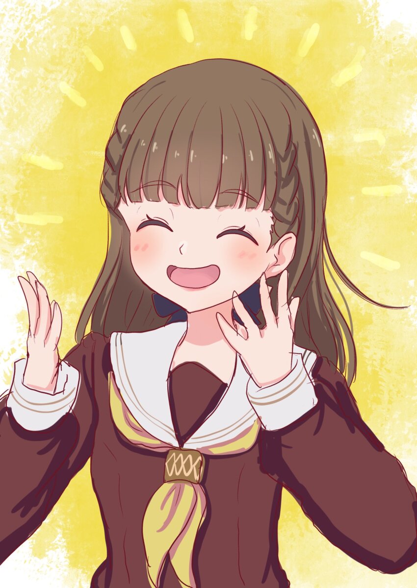1girl ^_^ blunt_bangs blush braid brown_dress brown_hair closed_eyes commentary_request dress glowing_lines hands_up hasu_no_sora_school_uniform highres kachimachi_kosuzu link!_like!_love_live! long_hair long_sleeves love_live! neckerchief open_mouth sailor_collar sailor_dress school_uniform seiha_(hnumkt) side_ahoge side_braids smile solo straight_hair upper_body virtual_youtuber white_sailor_collar winter_uniform yellow_background yellow_neckerchief