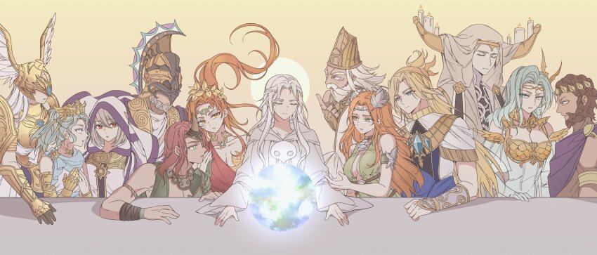 5boys 6+girls absurdres althyk armor azeyma byregot circlet closed_eyes dreaminglum final_fantasy final_fantasy_xiv fine_art_parody globe glowing halone helmet highres llymlaen looking_at_another menphina multiple_boys multiple_girls nophica nymeia parody rhalgr robe smile table thaliak the_last_supper tiara venat_(ff14) winged_helmet