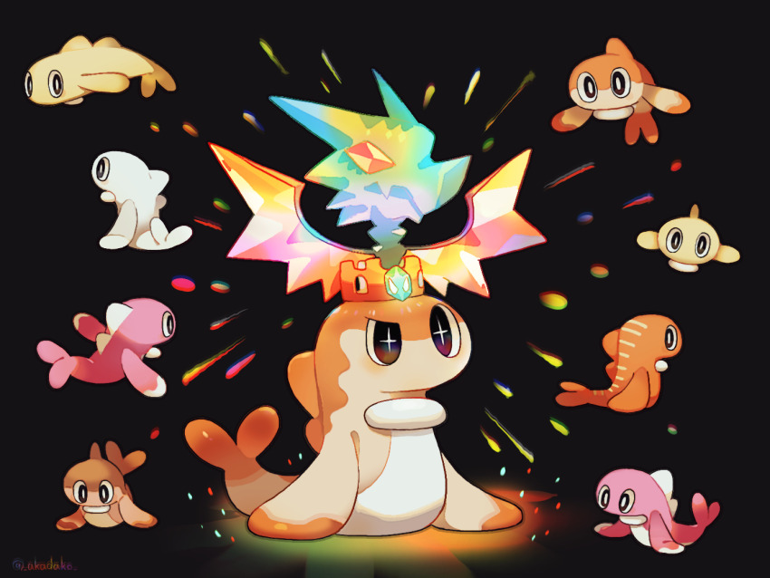 +_+ akadako alternate_color animal_focus black_background commentary_request dark_background fish full_body glowing nintendo no_humans official_alternate_color pokemon pokemon_(creature) pokemon_focus shiny_and_normal shiny_pokemon tatsugiri tatsugiri_(curly) tatsugiri_(droopy) tatsugiri_(stretchy) terastallization twitter_username