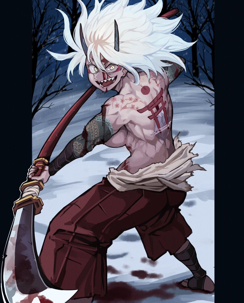 1girl absurdres antares_topaz arm_tattoo armpits back_muscles back_tattoo bandages battle_damage black_nails blood blood_on_face blood_on_ground blood_on_snow bloody_weapon breasts brown_pants character_request cherry_blossoms commission convenient_censoring demon_girl demon_horns dragon_tattoo dress eyeshadow feet female_oni fighting_stance fingernails forest highres holding holding_polearm holding_weapon horns injury japan japanese_clothes large_breasts limited_palette long_horns long_toenails looking_at_viewer makeup muscular muscular_female nail_polish nature oni original pants polearm red_eyeshadow red_sun sharp_teeth sharp_toenails sideboob smile snowing solo solo_focus stirrup_legwear tattoo tattoo_sleeve teeth toeless_legwear toenail_polish toenails toes tomboy topless_female torii torn_clothes tree two-tone_dress underboob weapon white_hair winter yellow_eyes