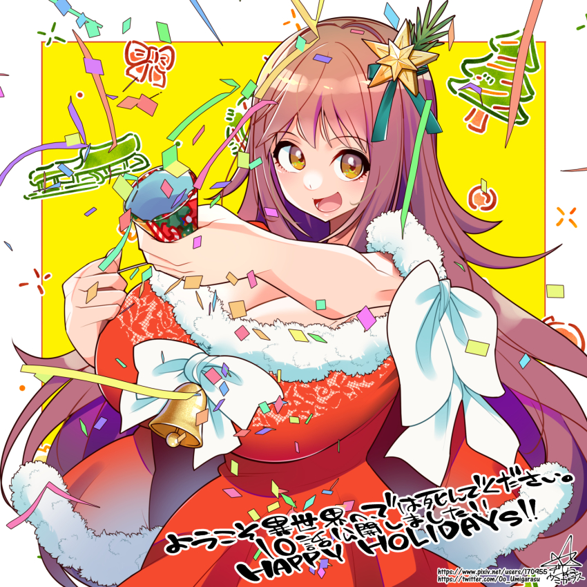 1girl :d bell blush border bow breasts brown_hair capelet chest_bow christmas_ornaments christmas_tree cleavage confetti dress fur-trimmed_capelet fur-trimmed_dress fur_trim hair_between_eyes highres huge_breasts long_hair looking_at_viewer merry_christmas open_mouth original party_popper pixiv_id pixiv_username red_bow red_capelet red_dress santa_costume santa_dress signature sleigh smile solo streamers teeth tongue translation_request twitter_username two-tone_background umigarasu_(kitsune1963) very_long_hair white_border white_bow yellow_background yellow_eyes