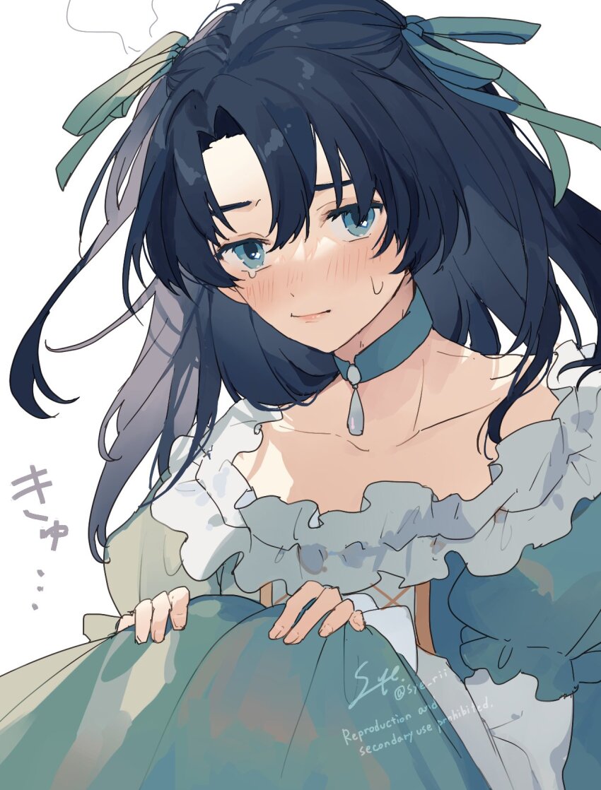 1boy black_hair blue_choker blue_dress blue_eyes blush choker crossdressing crossdressing_(mtf) dress embarrassed fate/grand_order fate_(series) frilled_dress frills fujimaru_ritsuka_(male) hair_ribbon highres long_hair looking_at_viewer male_focus ribbon simple_background solo sweatdrop syerii tearing_up two_side_up white_background