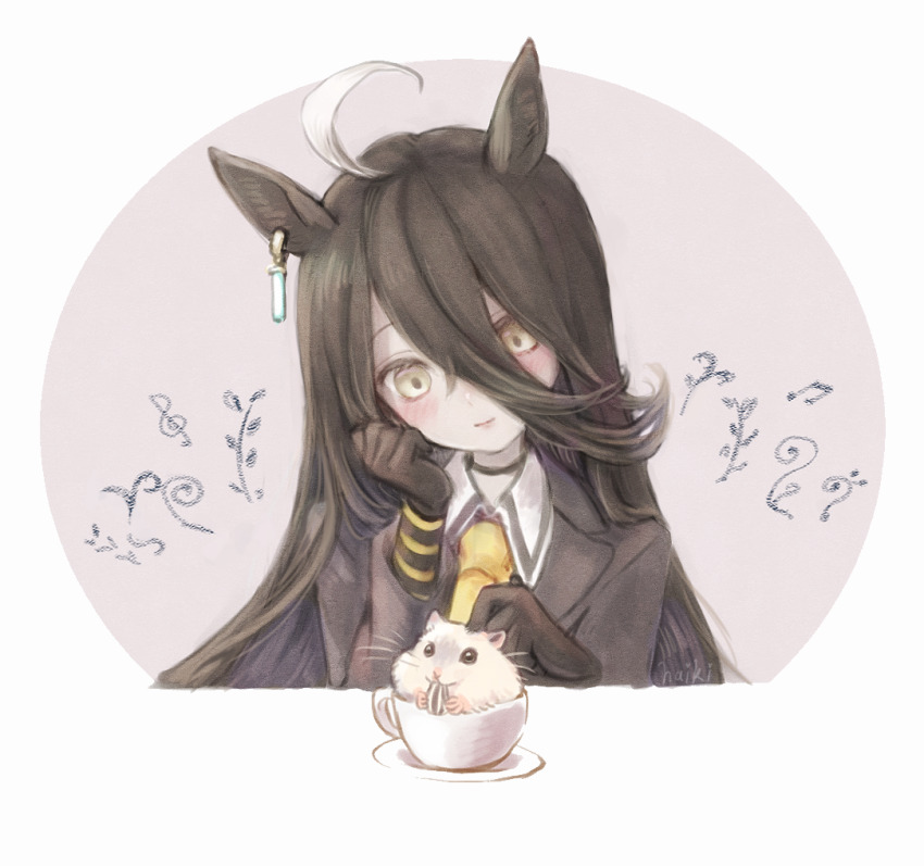 1girl ahoge animal_ears black_choker black_coat black_gloves black_hair black_shirt blush choker closed_mouth coat collared_shirt contrast_collar cup ear_ornament ear_tag earrings gloves haiki_(hakkyoii06) hair_between_eyes hamster hand_on_own_face hand_up horse_ears horse_girl jewelry long_hair long_hair_between_eyes long_sleeves looking_at_animal manhattan_cafe_(umamusume) necktie plate seed shirt single_earring smile solo sunflower_seed umamusume very_long_hair white_hair yellow_eyes yellow_necktie