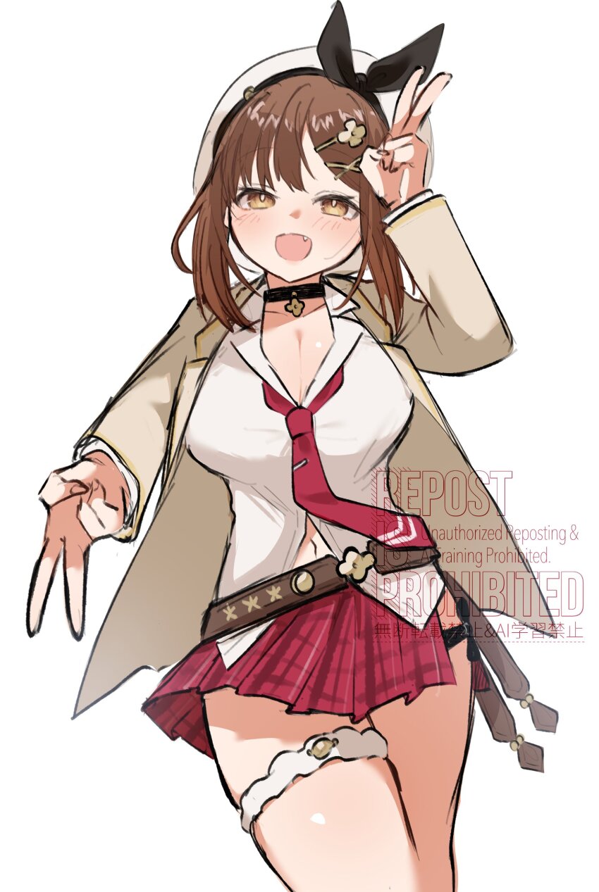 1girl absurdres atelier_(series) atelier_ryza black_collar black_ribbon breasts brown_eyes brown_hair brown_jacket cleavage collar cowboy_shot double_v fang hair_ribbon hat highres jacket kaninoko large_breasts miniskirt missing_commentary necktie open_clothes open_jacket open_mouth pleated_skirt red_necktie red_skirt reisalin_stout ribbon shirt simple_background skirt solo v watermark white_background white_hat white_shirt