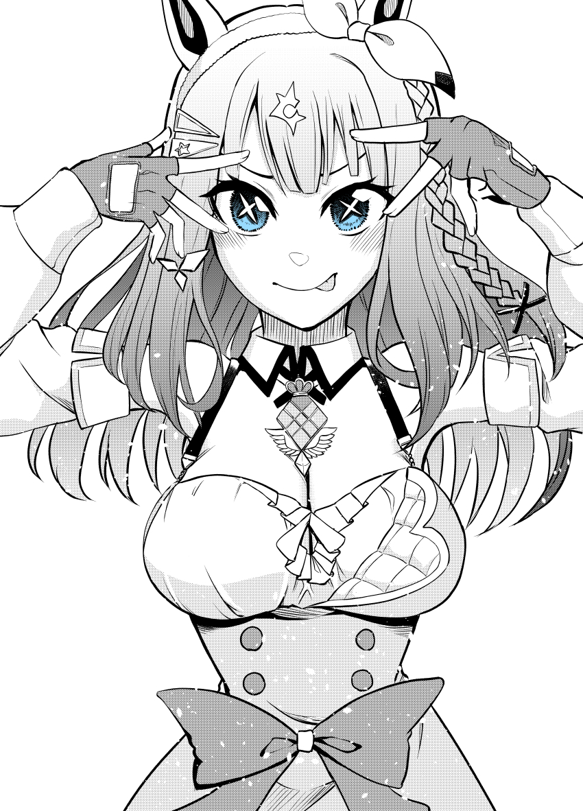 1girl absurdres almond_eye_(umamusume) animal_ears blue_eyes blunt_bangs bow braid breasts cleavage detached_collar detached_sleeves double_v fingerless_gloves gloves greyscale hair_ornament hair_ribbon hairclip highres horse_ears horse_girl hoshino_ai&#039;s_pose long_hair looking_at_viewer monochrome multicolored_hair natuumi_(jmwy5354) oshi_no_ko pose_imitation puffy_sleeves ribbon single_braid solo spot_color tongue tongue_out umamusume upper_body v waist_bow wing_collar wing_ornament