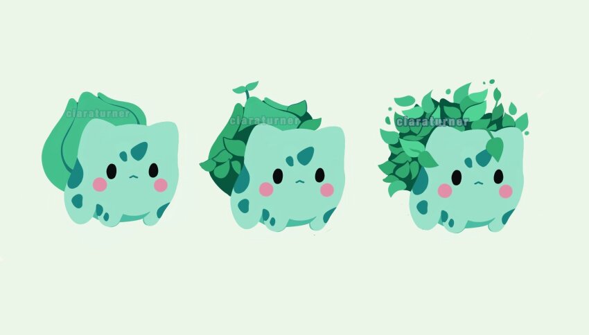 animal_focus artist_name blush blush_stickers bud bulbasaur ciaraturnerart closed_mouth creatures_(company) game_freak gen_1_pokemon highres leaf nintendo no_humans pokemon pokemon_(creature) pokemon_focus progression simple_background spots sprout watermark white_background