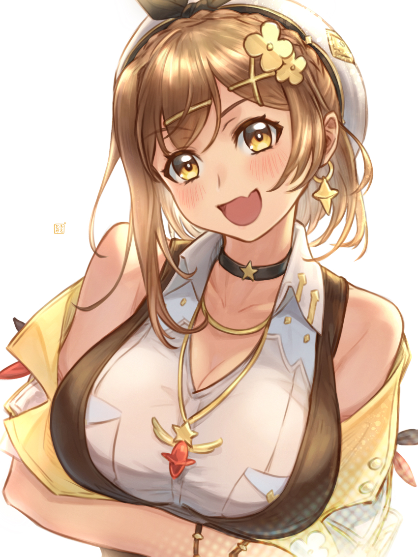 1girl absurdres arms_under_breasts atelier_(series) atelier_ryza atelier_ryza_3 bare_shoulders bracelet braid breast_pocket breasts brown_eyes brown_hair brown_vest choker cleavage clover_hair_ornament collarbone crossed_arms crown_braid earrings floating_earring hair_ornament highres jewelry large_breasts multiple_bracelets multiple_necklaces necklace pocket reisalin_stout short_hair smile solo star_(symbol) star_choker star_earrings star_necklace tororo_kafka upper_body vest x_hair_ornament