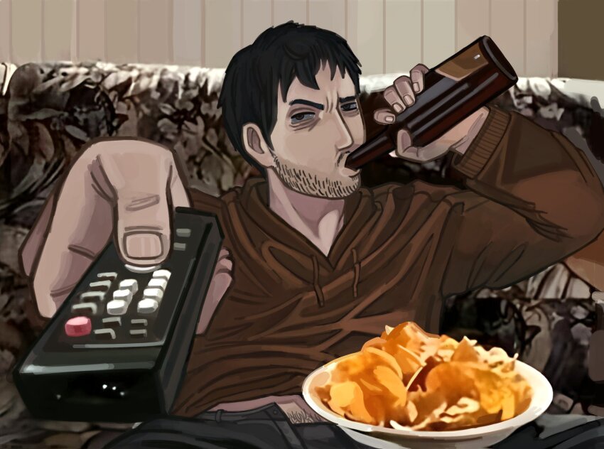 1boy alcohol arm_up bags_under_eyes black_eyes black_hair brown_hoodie chugging controller couch cry_of_fear denim drinking facial_hair goatee_stubble hair_over_crotch highres holding holding_remote_control hood hood_down hoodie jeans looking_at_viewer male_focus man_watching_tv_(meme) meme on_couch pants partially_unzipped raised_eyebrow remote_control short_hair simon_henriksson sitting solo stubble upper_body watching_television zonicosz