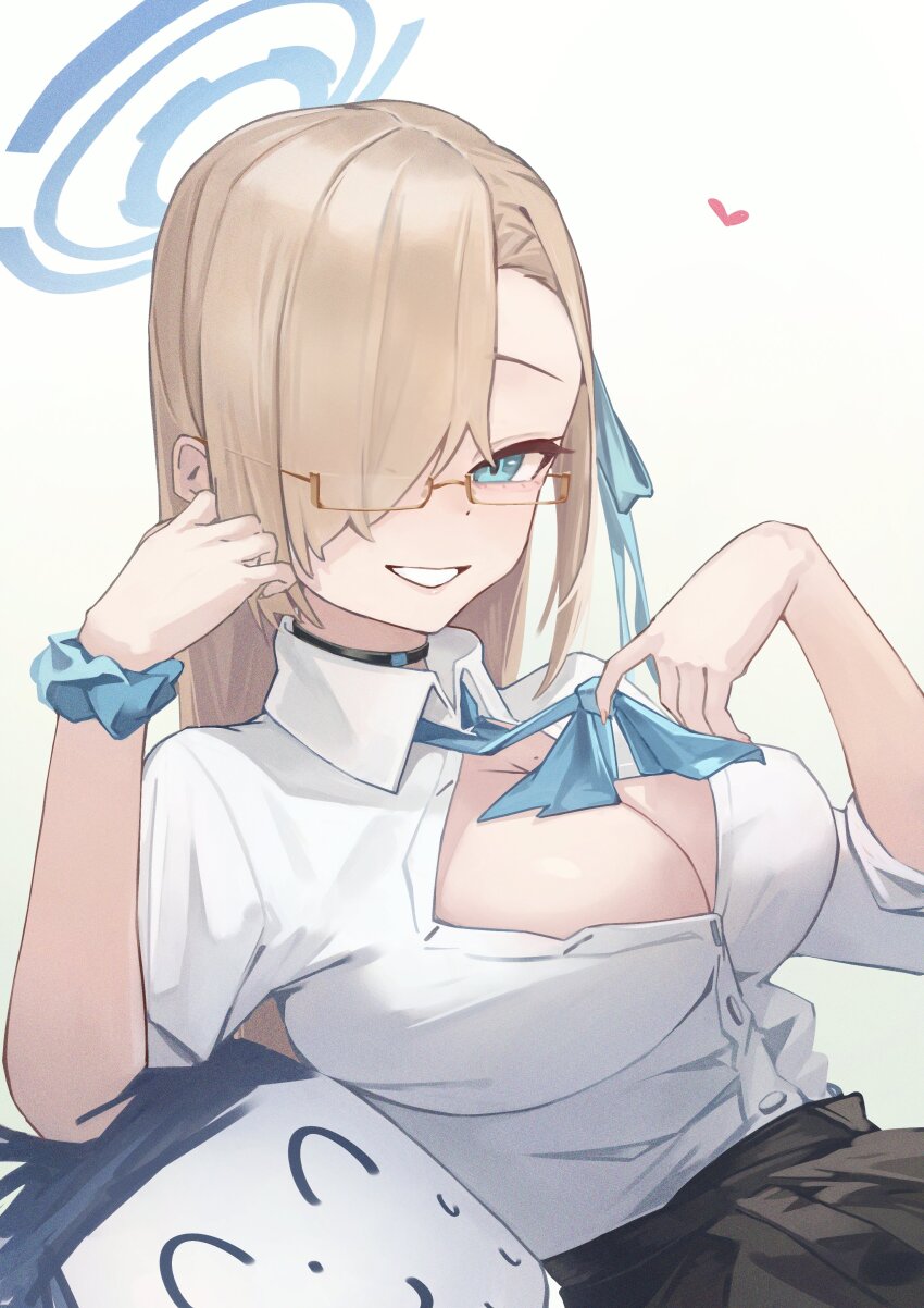 1girl absurdres asuna_(blue_archive) asuna_(school_uniform)_(blue_archive) asymmetrical_bangs bespectacled black_choker black_skirt blonde_hair blue_archive blue_bow blue_bowtie blue_eyes blue_halo blue_scrunchie bow bowtie breasts choker cleavage collared_shirt commentary doodle_sensei_(blue_archive) glasses grin hair_over_one_eye halo heart highres jun_daniell large_breasts long_hair looking_at_viewer mole mole_on_breast official_alternate_costume one_eye_covered ribbon school_uniform scrunchie sensei_(blue_archive) shirt skirt sleeves_rolled_up smile white_shirt wrist_scrunchie