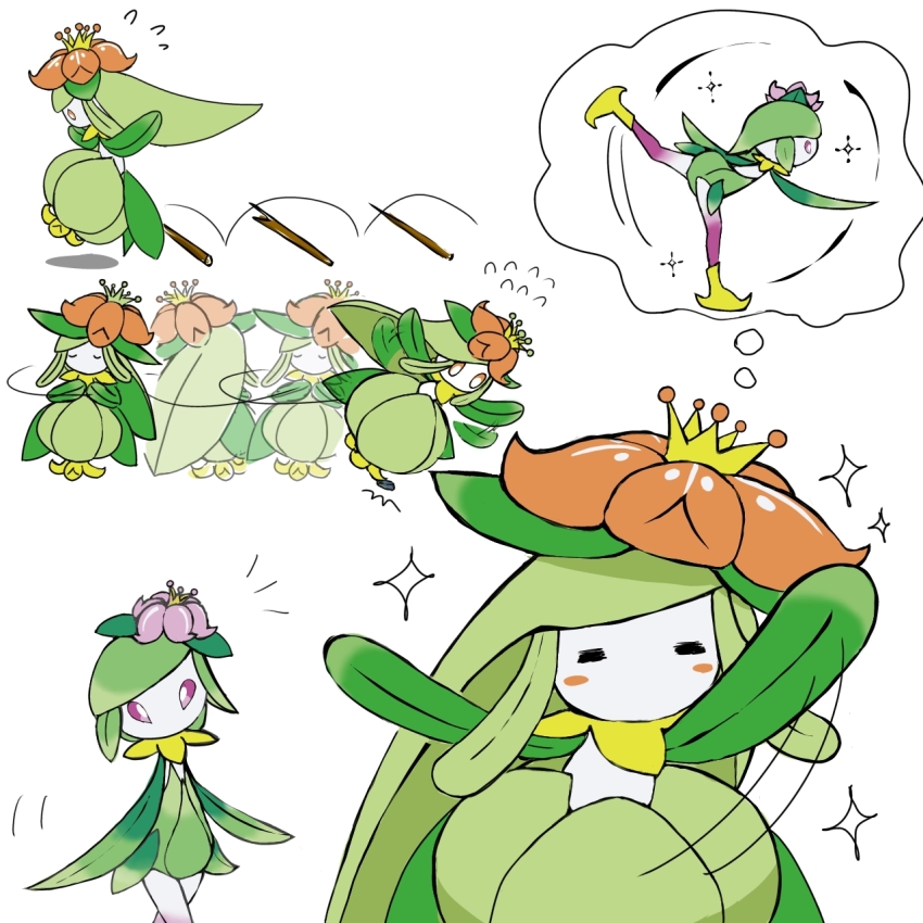 2girls =_= afterimage arms_up blush blush_stickers closed_eyes colored_sclera colored_skin crown dancing female_focus flat_chest flower flying_sweatdrops full_body gen_5_pokemon green_hair green_skin hair_flower hair_ornament highres hisuian_lilligant imagining jumping leg_up lilligant long_hair looking_at_another mini_crown monster_girl monya motion_lines multicolored_skin multiple_girls nintendo no_mouth notice_lines orange_flower orange_sclera outstretched_arms own_hands_together pink_flower plant_girl pokemon pokemon_(creature) purple_sclera short_hair sidelocks simple_background sparkle speech_bubble standing standing_on_one_leg thought_bubble very_long_hair waving_arms white_background white_eyes white_skin yellow_crown