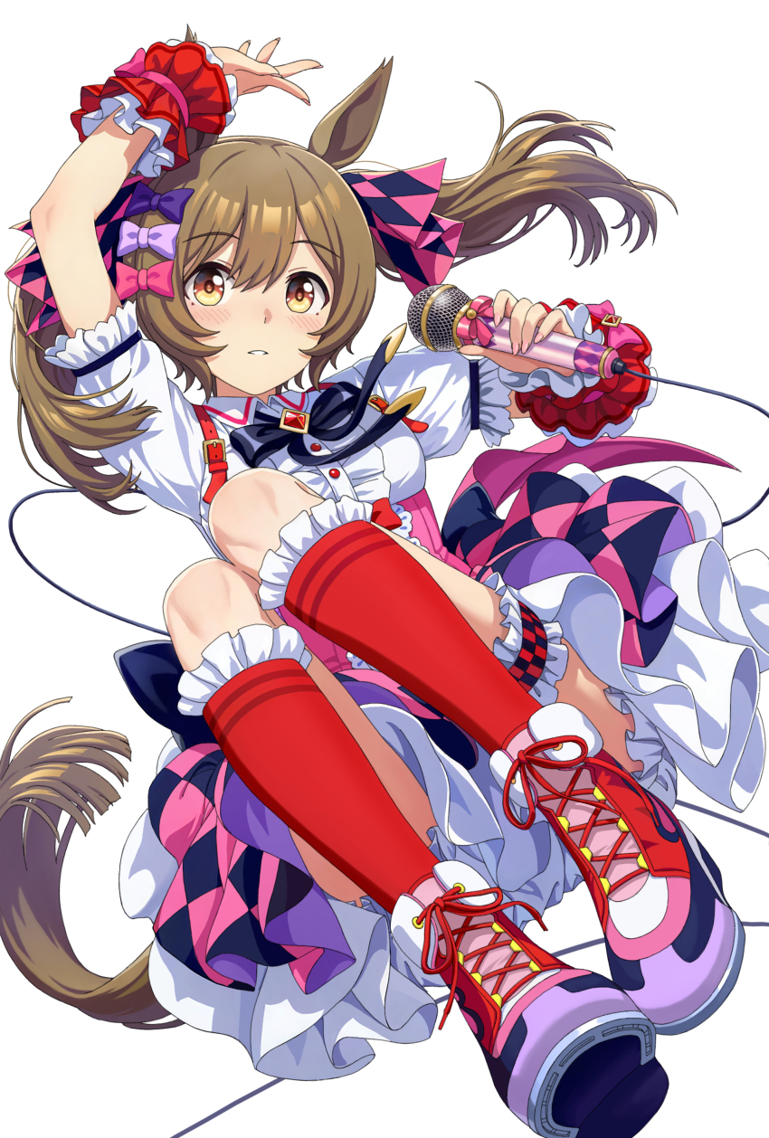 1girl absurdres animal_ears arm_up bloomers blush bow bowtie breasts brown_hair cable center_frills collared_shirt frilled_socks frills high_tops highres holding holding_microphone horse_ears horse_girl horse_tail isu8376 kneehighs looking_at_viewer medium_hair microphone parted_lips petticoat pink_skirt red_socks shirt shoes short_sleeves simple_background skirt small_breasts smart_falcon_(umamusume) sneakers socks solo tail thigh_strap twintails umamusume underwear white_background white_shirt wrist_cuffs yellow_eyes