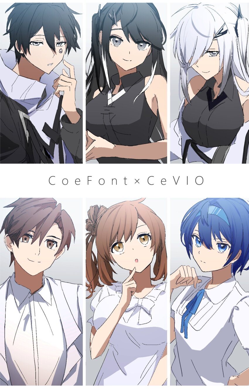 2boys 4girls :o allial_(coefont) averuni_(coefont) bare_shoulders batteryteri black_hair black_jacket black_shirt blazer blue_eyes blue_hair blue_hairband blue_ribbon border breasts brown_eyes brown_hair cevio closed_mouth coefont collared_shirt colored_tips column_lineup commentary_request copyright_name cross_tie crossover dress dress_shirt facial_mark finger_to_own_chin grey_eyes hair_between_eyes hair_bun hair_ornament hair_over_one_eye hairband hairclip half-closed_eyes hand_up head_tilt high_collar highres index_finger_raised jacket jacket_partially_removed large_breasts long_bangs long_hair looking_at_viewer looking_up medium_breasts medium_hair millial_(coefont) multicolored_hair multicolored_jacket multiple_boys multiple_girls neck_ribbon one_eye_covered one_side_up open_clothes open_jacket own_hands_together parted_lips puffy_short_sleeves puffy_sleeves ribbed_shirt ribbon satou_sasara shirt short_hair short_sleeves side_ponytail sidelocks single_side_bun sleeveless sleeveless_shirt smile steepled_fingers suzuki_tsudumi swept_bangs takahashi_amato two-tone_jacket upper_body white_border white_dress white_hair white_jacket white_shirt