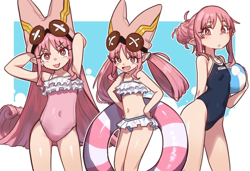 1girl absurdres arms_up ball beachball bikini blue_one-piece_swimsuit blush breasts ebora fate/grand_order fate_(series) frilled_bikini frilled_one-piece_swimsuit frills habetrot_(fate) hands_on_own_hips hat highres innertube long_hair looking_at_viewer multiple_views navel one-piece_swimsuit open_mouth pink_eyes pink_hair pink_hat pink_one-piece_swimsuit pointy_ears small_breasts smile swim_ring swimsuit twintails