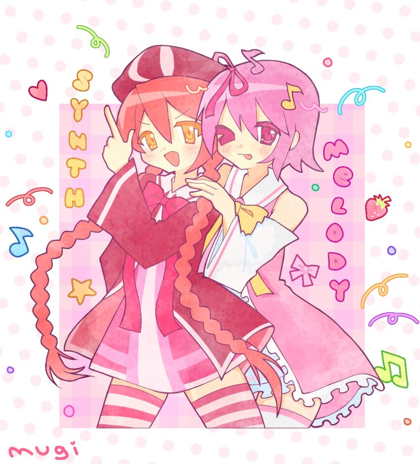 2000s_(style) 2girls beret blush bow bowtie braid character_name confetti detached_sleeves dress english_text food fortissimo frilled_dress frills fruit hair_ornament hashtag-only_commentary hat heisei_retro highres long_hair looking_at_viewer melody_(sound_shooting!!) mugi_(mugi44i) multiple_girls musical_note musical_note_hair_ornament one_eye_closed open_mouth pastel_colors pink_bow pink_bowtie pink_dress pink_eyes pink_hair pink_theme pink_thighhighs plaid_background polka_dot_border red_hair sailor_collar sailor_dress short_hair signature smile sound_shooting!! strawberry striped_clothes striped_thighhighs synth_(sound_shooting!!) thighhighs tongue tongue_out twin_braids twintails very_long_hair white_sleeves zettai_ryouiki