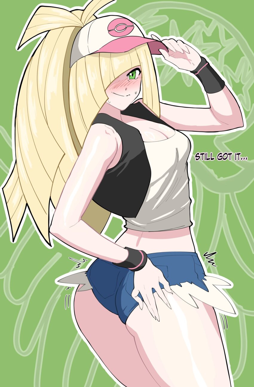 1girl ass bare_shoulders baseball_cap blonde_hair blush breasts cosplay denim denim_shorts from_behind green_eyes hair_over_one_eye hat highres hilda_(pokemon) hilda_(pokemon)_(cosplay) huge_ass jiggle long_hair looking_at_viewer looking_back lusamine_(pokemon) medium_breasts motion_lines nintendo octavius_dp pokemon pokemon_bw pokemon_sm short_shorts shorts smile solo sweat thick_thighs thighs very_long_hair