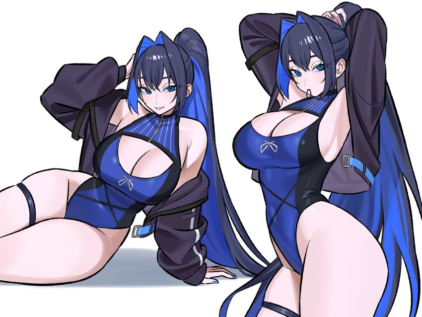 1girl blue_eyes blue_hair breasts cleavage colored_inner_hair hair_intakes hashtag-only_commentary highres hololive hololive_english multicolored_hair one-piece_swimsuit ouro_kronii ouro_kronii_(holonatsu_paradise) simple_background solo swimsuit virtual_youtuber white_background zeon_(zzeeonn)