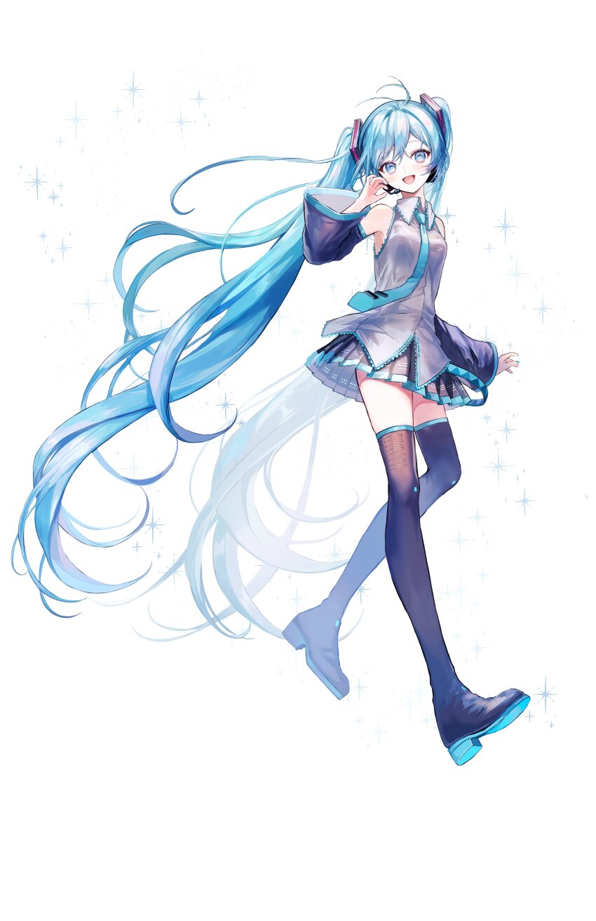 1girl absurdres aqua_eyes aqua_hair aqua_nails aqua_necktie black_skirt blush boots breasts commentary detached_sleeves grey_shirt hair_between_eyes hair_ornament hatsune_miku highres long_hair long_sleeves medium_breasts miniskirt necktie open_mouth pipi_(pipinavigation) pleated_skirt shirt skirt sleeveless sleeveless_shirt smile solo thigh_boots thighhighs twintails very_long_hair vocaloid white_background wide_sleeves zettai_ryouiki