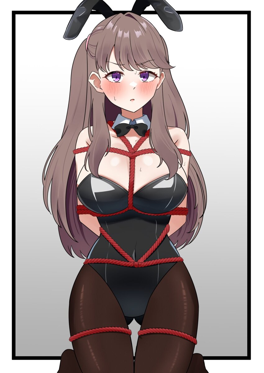 1girl alternate_costume animal_ears arms_behind_back bdsm between_breasts black_bow black_bowtie black_leotard black_pantyhose blush bondage border bound bow bowtie breasts brown_hair bunny_day cleavage collarbone commentary_request detached_collar fake_animal_ears frown fujishima_megumi gluteal_fold gradient_background grey_background highres kneeling knees_out_of_frame large_breasts leotard like_and_redraw_challenge link!_like!_love_live! long_hair looking_at_viewer love_live! open_mouth outside_border pantyhose playboy_bunny purple_eyes rabbit_ears sakusaku_cookie shibari shibari_over_clothes solo strapless strapless_leotard thigh_gap v-shaped_eyebrows virtual_youtuber white_border