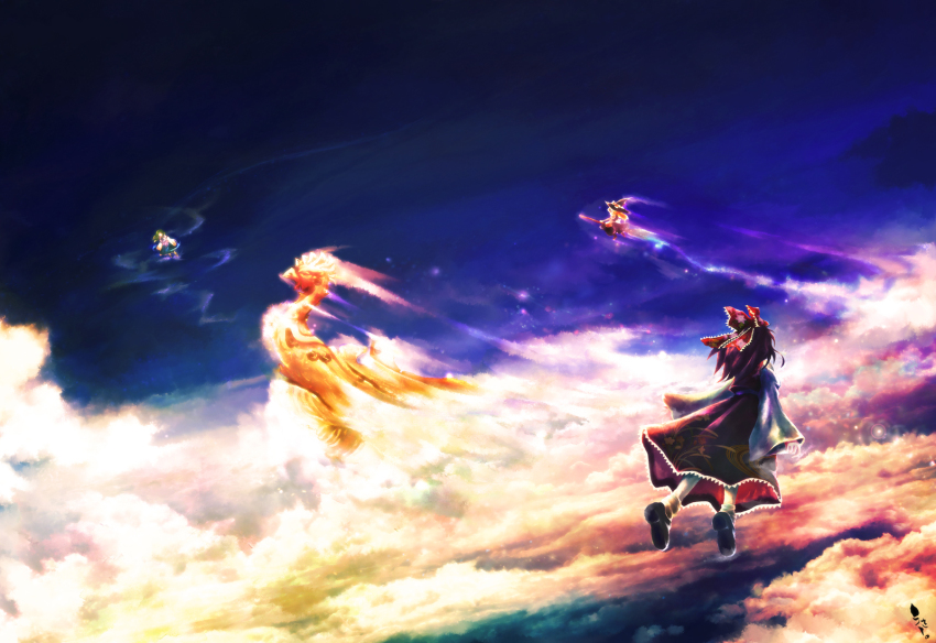3girls bad_id bad_pixiv_id blonde_hair cloud female_focus flying hakurei_reimu highres kirisame_marisa kochiya_sanae multiple_girls muuki palanquin_ship scenery ship signature sky touhou ukihashi ukihashi_kei watercraft