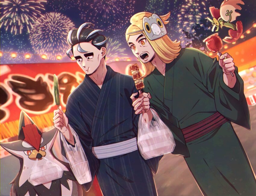 2boys bag batabiru black_hair blonde_hair blue_kimono candy_apple eating elbow_carry fireworks flapple food frigibax gen_4_pokemon gen_8_pokemon green_kimono grey_hair hassel_(pokemon) holding holding_bag holding_food holding_skewer japanese_clothes kimono larry_(pokemon) male_focus medium_hair multicolored_hair multiple_boys night night_sky nintendo obi orange_eyes outdoors parted_bangs pokemon pokemon_(creature) pokemon_sv sash short_hair skewer sky staraptor streaked_hair thick_eyebrows two-tone_hair yakitori