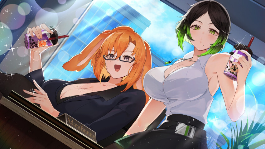 2girls animal_ears artist_request bare_shoulders black_hair blue_sky breasts bubble_tea character_name cleavage coat day desk freckles glass glasses gradient_hair green_eyes green_hair grey_eyes highres huge_breasts indie_virtual_youtuber jewelry large_breasts mole mole_under_mouth multicolored_hair multiple_girls nails name_tag necklace office_lady open_mouth orange_hair radia_active short_hair skirt sky smile table under-road2 virtual_youtuber window