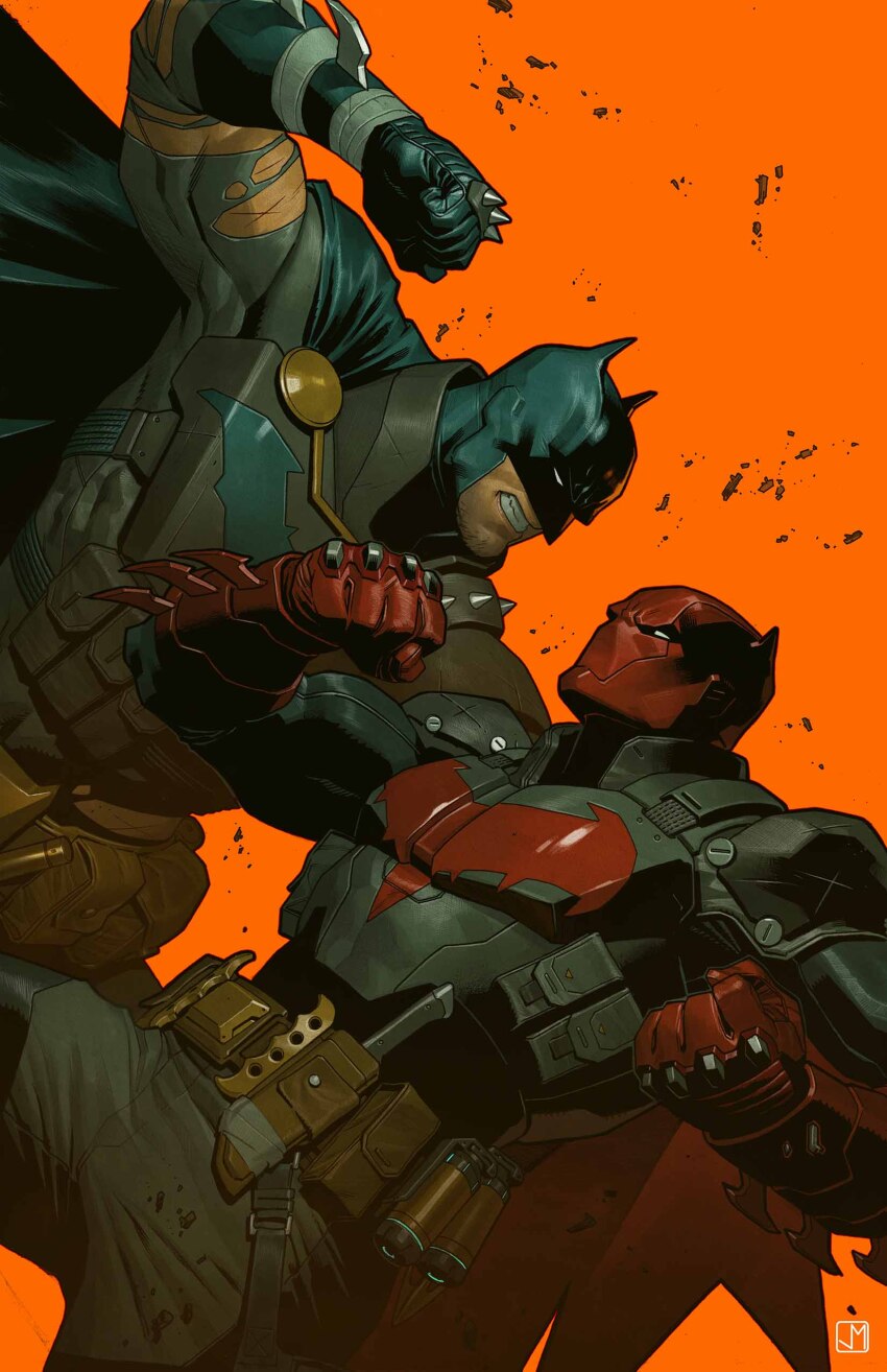 2boys absurdres bat_signal batman batman_(series) batman_symbol belt black_bodysuit black_cape black_gloves bodysuit bruce_wayne cape comic_cover cowl dc_comics gloves grey_bodysuit highres jason_todd jorge_molina male_focus mask multicolored_bodysuit multiple_boys muscular muscular_male pants red_hood_(dc) red_mask signature simple_background superhero_costume taut_bodysuit two-tone_bodysuit utility_belt western_comics_(style)