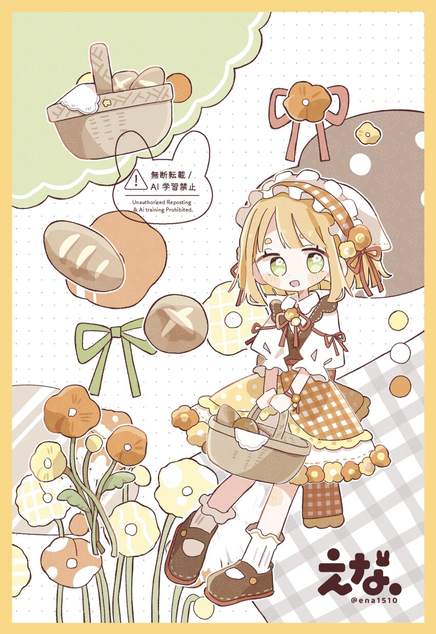 1girl :d absurdres artist_name basket blonde_hair blush_stickers border bread brown_shoes collared_shirt commentary ena_1510 flower food frilled_hairband frills full_body green_eyes hairband headscarf highres holding holding_basket looking_at_viewer multicolored_skirt neck_ribbon open_mouth orange_flower orange_hairband orange_skirt original plaid_clothes plaid_hairband plaid_skirt polka_dot polka_dot_skirt red_ribbon ribbon shirt shoes short_hair short_sleeves skirt smile socks solo standing symbol-only_commentary thick_eyebrows twitter_username watermark white_background white_headscarf white_shirt white_skirt white_socks yellow_border yellow_flower yellow_skirt