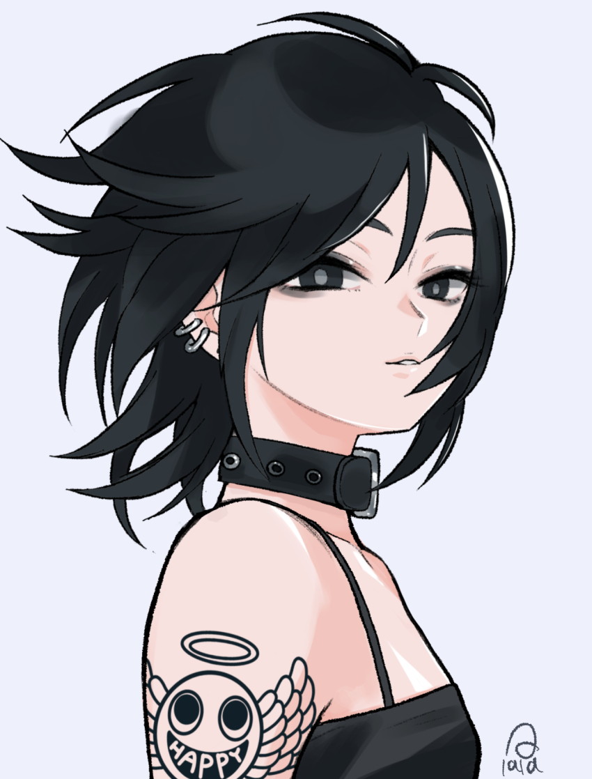 1girl arm_tattoo bare_shoulders belt_collar black_eyes black_hair black_tank_top collar ear_piercing from_side grey_background hair_between_eyes highres judy_(sushi_pizza_rrr) light_smile looking_at_viewer looking_to_the_side original parted_lips piercing portrait simple_background solo sushi_pizza_rrr tank_top tattoo upper_body white_background wind