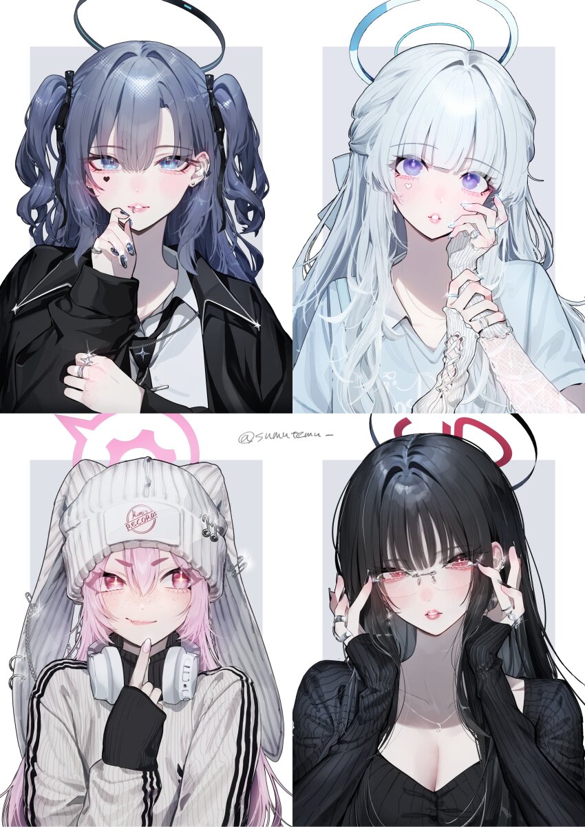4girls absurdres adjusting_eyewear aegyo_sal alternate_costume animal_ear_headwear arm_warmers beanie bespectacled black_hair black_halo black_jacket black_nails black_necktie black_sweater blue_archive blue_halo blue_shirt blush breasts cleavage closed_mouth collared_shirt commentary ear_piercing english_commentary facial_mark fake_animal_ears glasses hair_between_eyes halo hands_on_eyewear hat headphones headphones_around_neck heart heart_facial_mark highres index_finger_raised jacket jewelry kamiyama_sumu koyuki_(blue_archive) long_hair looking_at_viewer multiple_girls multiple_rings necklace necktie noa_(blue_archive) parted_lips piercing pink_halo pink_nails purple_eyes purple_hair red_eyes ring rio_(blue_archive) shirt sidelocks smile sweater two_side_up white_arm_warmers white_hair white_hat white_jacket white_nails white_shirt yuuka_(blue_archive)