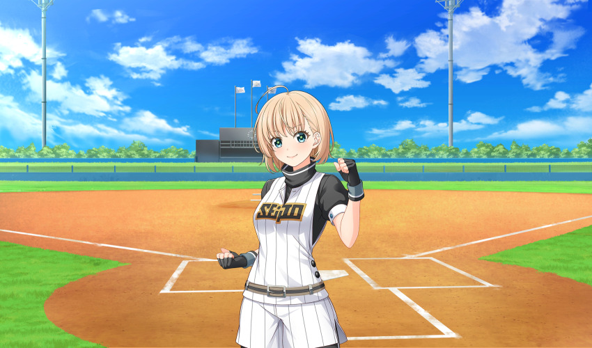 1girl ahoge baseball_stadium baseball_uniform belt belt_buckle black_gloves black_pants black_undershirt blonde_hair blue_sky brown_belt buckle cinderella_series clenched_hands closed_mouth cloud fingerless_gloves flag game_cg gloves green_eyes hachigatsu_no_cinderella_nine highres looking_at_viewer nishinomiya_arisu non-web_source official_art outdoors pants pants_under_shorts scoreboard shirt shirt_under_shirt short_hair short_sleeves shorts sky sleeveless sleeveless_shirt smile solo sportswear standing star_(symbol) star_in_eye striped_clothes striped_shirt striped_shorts symbol_in_eye white_shirt white_shorts