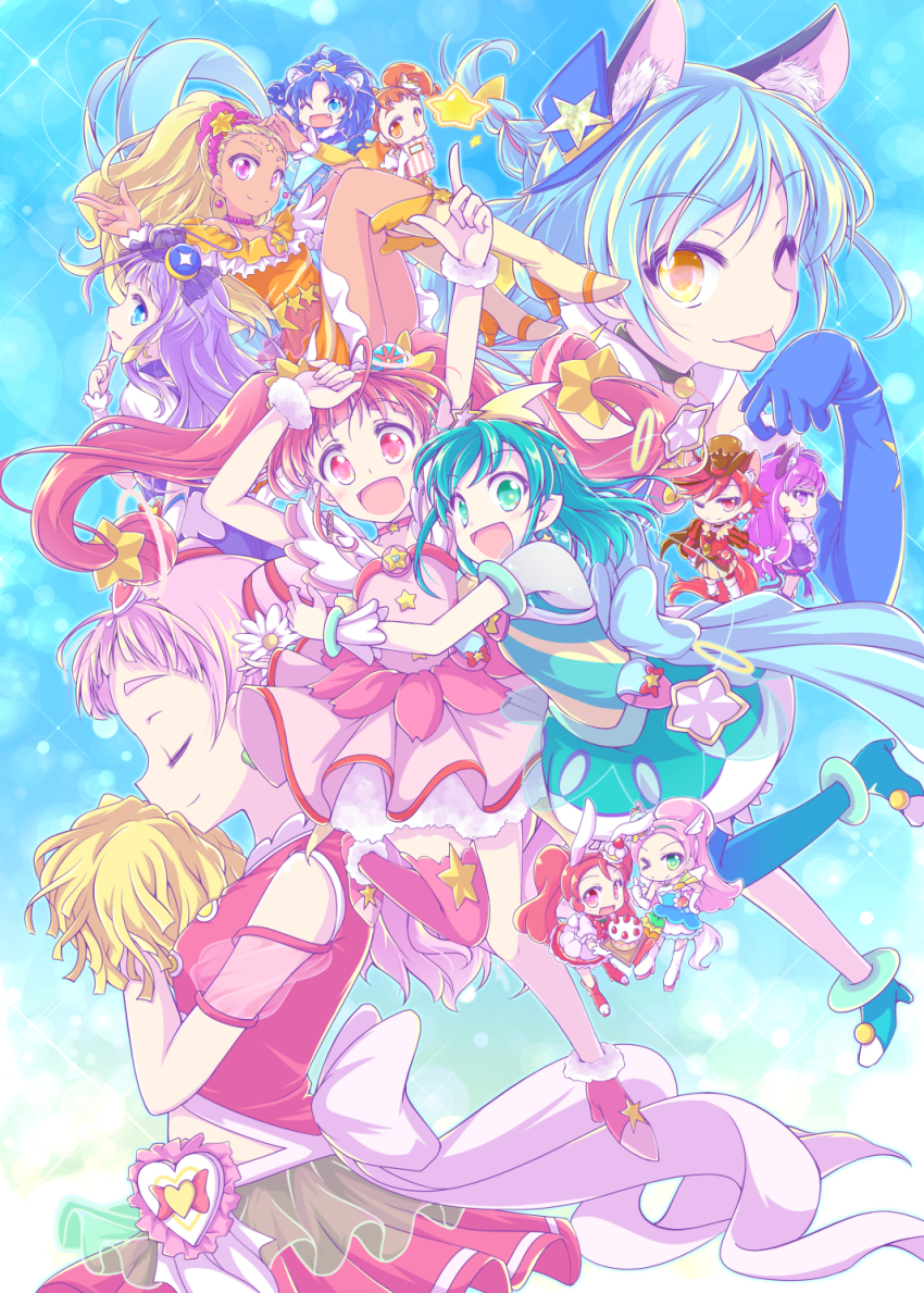 6+girls :p amamiya_elena animal_ears aqua_dress aqua_eyes aqua_hair aqua_pantyhose arisugawa_himari arm_up back_bow black_choker blonde_hair blue_eyes blue_gloves blue_hair bow bowtie brown_eyes brown_hair cat_ears chibi choker closed_eyes clothing_cutout commentary_request crown cure_chocolat cure_cosmo cure_custard cure_gelato cure_macaron cure_milky cure_parfait cure_selene cure_soleil cure_star cure_whip cure_yell cut_bangs dark-skinned_female dark_skin dog_ears dress earrings elbow_gloves floating fur_cuffs gloves gold_crown hagoromo_lala hair_ornament hat highres holding holding_pom_poms hoshina_hikaru hug hugtto!_precure in-franchise_crossover index_finger_raised jewelry kaguya_madoka kenjou_akira kirahoshi_ciel kirakira_precure_a_la_mode kotozume_yukari lion_ears looking_at_viewer mini_hat mini_top_hat multiple_girls muusu nono_hana one_eye_closed open_mouth orange_dress pantyhose partial_commentary pink_dress pink_hair pom_pom_(cheerleading) pom_poms pouch precure purple_dress purple_eyes purple_hair rabbit_ears red_eyes red_hair see-through_clothes see-through_sleeves short_dress short_sleeves shoulder_cutout single_leg_pantyhose smile sparkle squirrel_ears star_(symbol) star_hair_ornament star_twinkle_precure stomach_cutout tategami_aoi tongue tongue_out top_hat twintails usami_ichika white_bow white_bowtie yellow_eyes yuni_(precure)