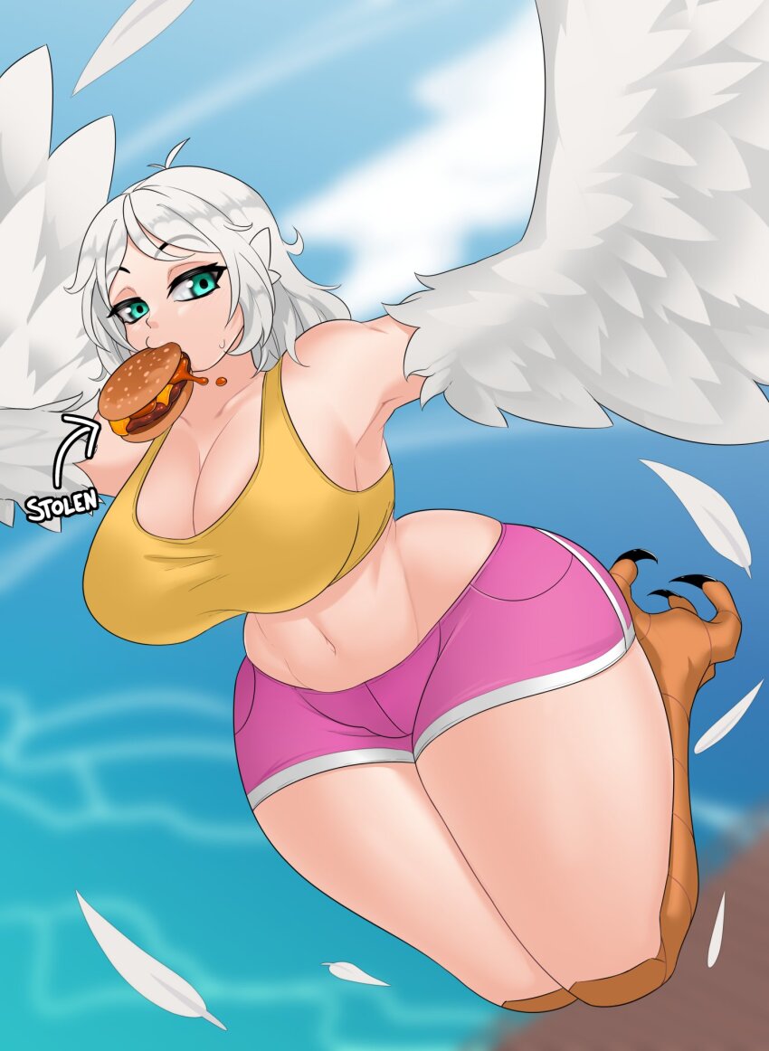 1girl bird_legs breasts burger cleavage commentary crop_top english_commentary english_text feathered_wings feathers flying food green_eyes highres kt80at large_breasts long_hair midriff mouth_hold navel original pink_shorts shorts solo talons tank_top white_feathers white_hair white_wings wide_hips winged_arms wings yellow_tank_top